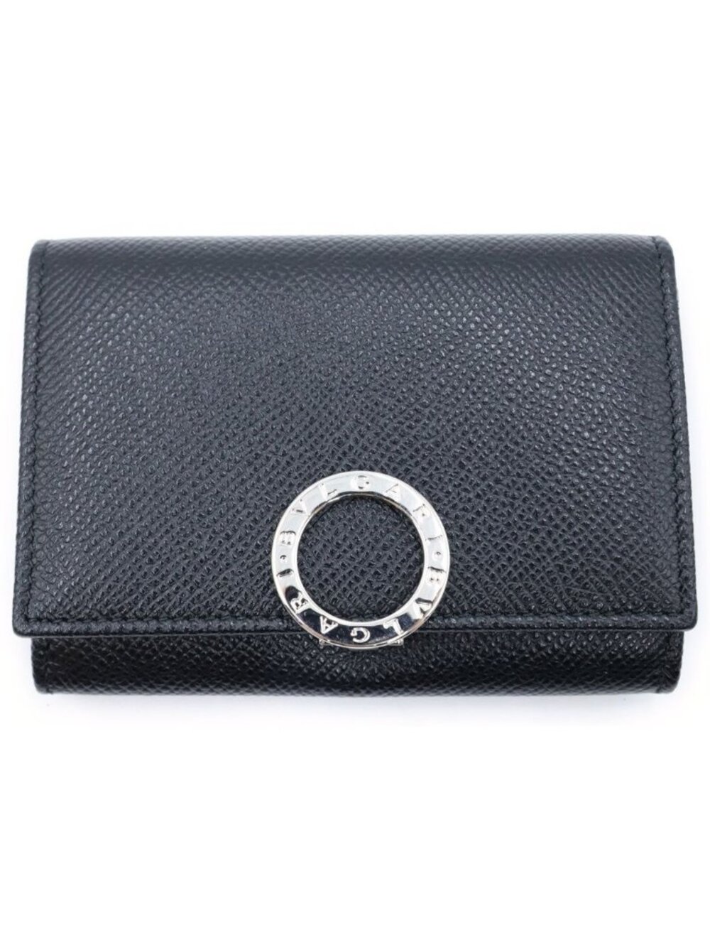 Bvlgari Logo Clip Card Case Business Mini Wallet Coin Purse Black Leather Silver